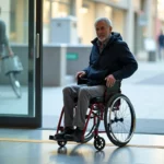 Homme en fauteuil roulant franchissant une entrée PMR avec porte automatique dans un bâtiment public moderne