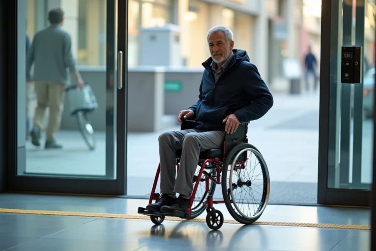 Homme en fauteuil roulant franchissant une entrée PMR avec porte automatique dans un bâtiment public moderne