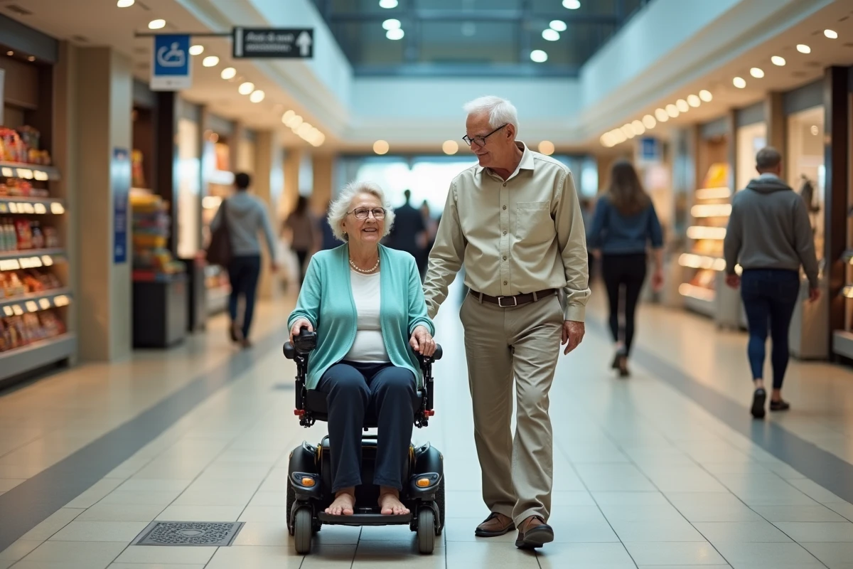 Couple de personnes âgées dans un centre commercial accessible PMR avec large allée et signalétique adaptée