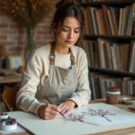 Femme adulte peignant des illustrations botaniques à l'aquarelle dans un atelier créatif chaleureux avec matériaux artistiques sur table en bois