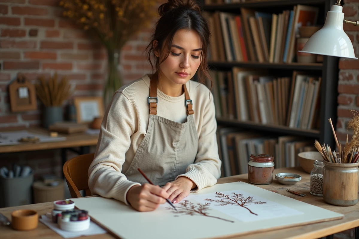 Femme adulte peignant des illustrations botaniques à l'aquarelle dans un atelier créatif chaleureux avec matériaux artistiques sur table en bois