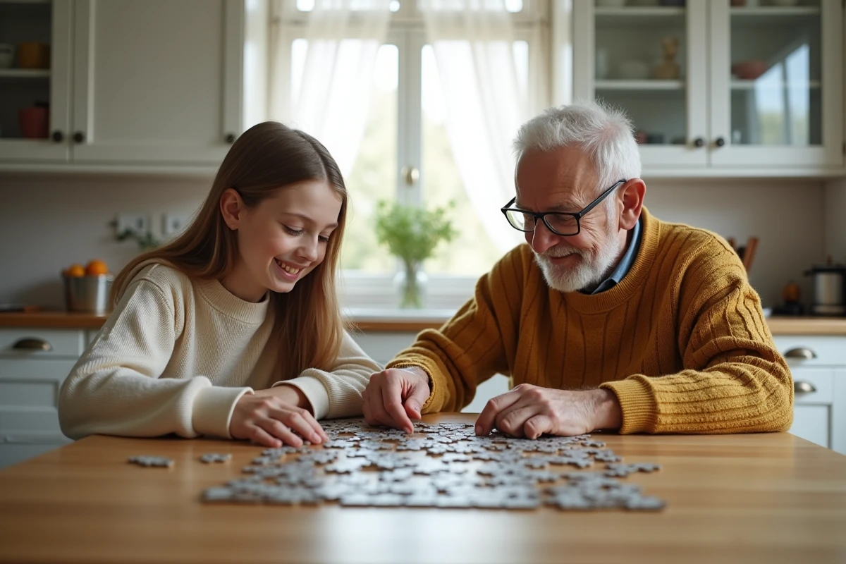 Grand-père et adolescente assemblant un puzzle ensemble à la table de cuisine familiale dans une atmosphère chaleureuse et complice