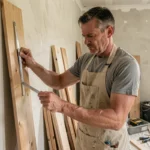 Artisan mesurant un panneau en bois dans une pièce en cours de rénovation