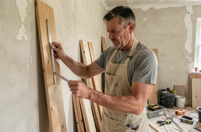 Artisan mesurant un panneau en bois dans une pièce en cours de rénovation