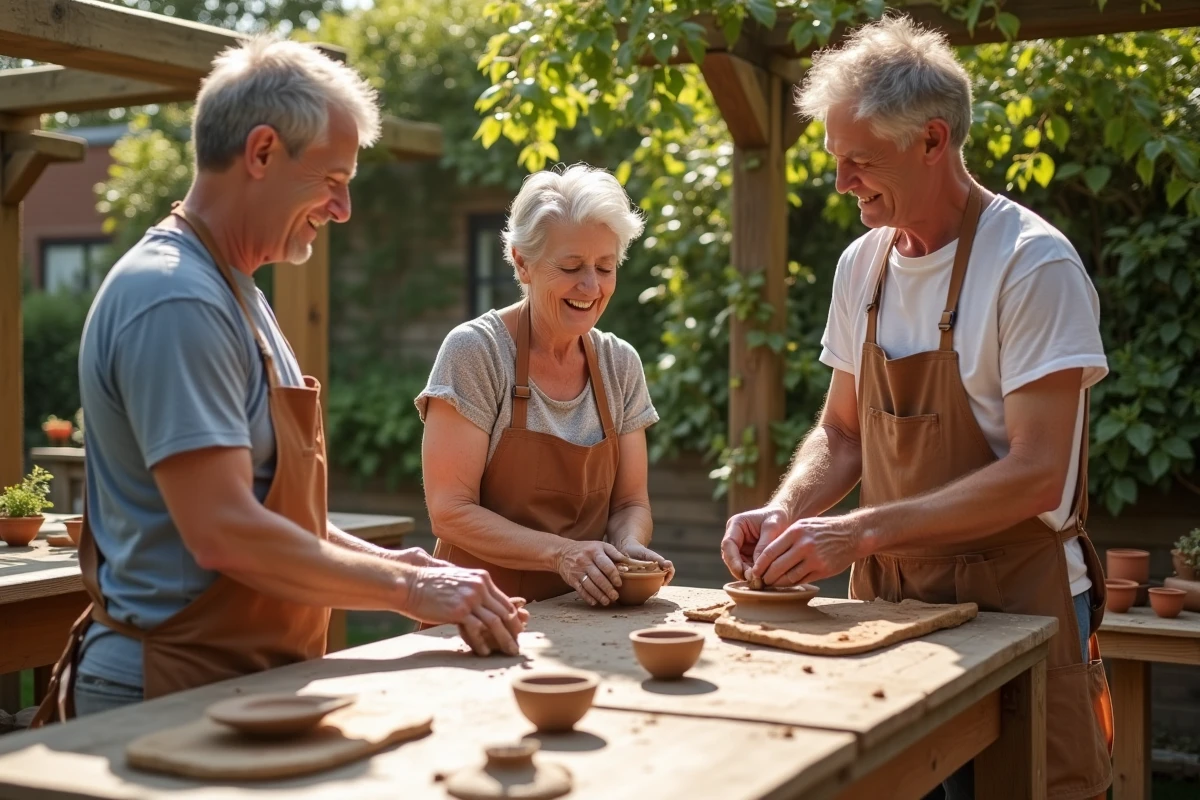 Groupe d'adultes participant à un atelier de poterie en plein air dans un jardin communautaire avec argile et outils artisanaux