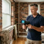 Auditeur énergétique professionnel utilisant une caméra thermique pour évaluer l'isolation d'un mur intérieur dans une maison résidentielle