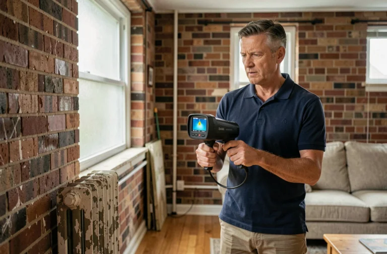 Auditeur énergétique professionnel utilisant une caméra thermique pour évaluer l'isolation d'un mur intérieur dans une maison résidentielle