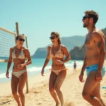 Groupe d'adultes jouant au beach-volley sur la plage du Trottel en été