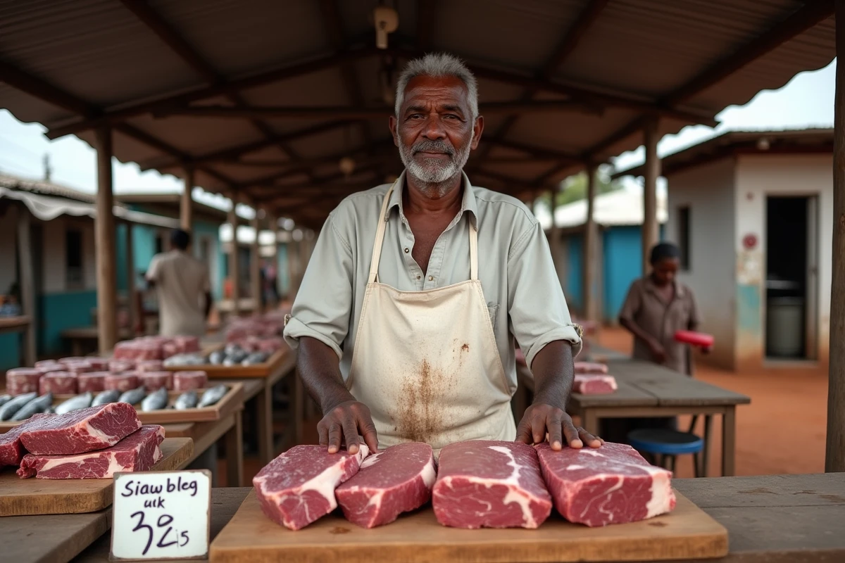 Boucher malgache présentant des morceaux de zébu sur un étal de marché en plein air dans le sud de Madagascar, illustrant la préférence pour le bœuf dans la consommation de viande locale