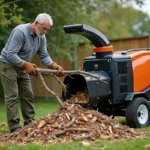 Homme utilisant un broyeur de végétaux électrique Denqbar 5100W dans un jardin suburban, avec des copeaux de bois au sol