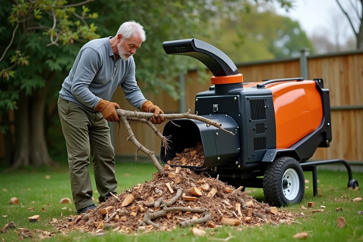 Homme utilisant un broyeur de végétaux électrique Denqbar 5100W dans un jardin suburban, avec des copeaux de bois au sol