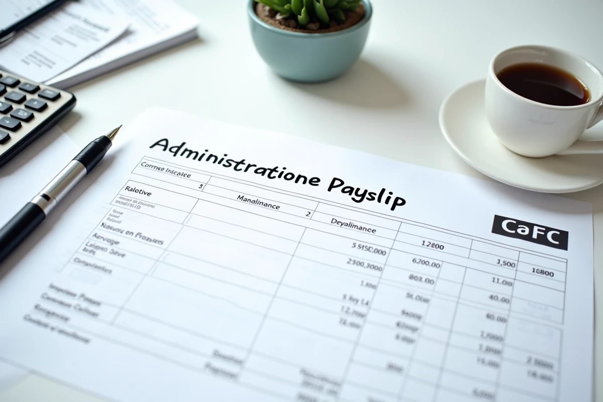 Vue aérienne d'un bulletin de salaire administratif entouré d'une calculatrice et de notes de calcul illustrant l'indemnité de sujétion spéciale