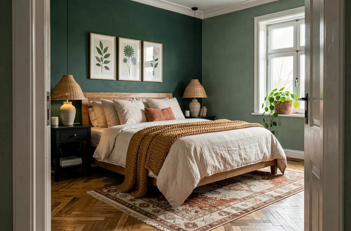 Chambre cocooning avec mur vert forêt, literie en lin ivoire, jeté caramel tricoté et parquet à chevrons avec tapis vintage