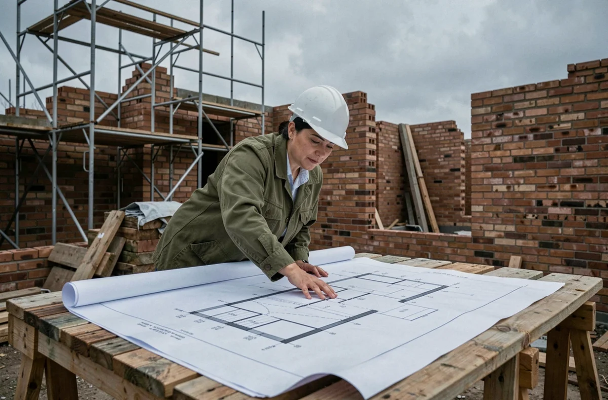 Cheffe de chantier consultant des plans architecturaux sur un site de rénovation extérieur