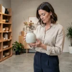 Femme choisissant un vase en céramique dans une boutique de décoration intérieure moderne aux étagères en bois
