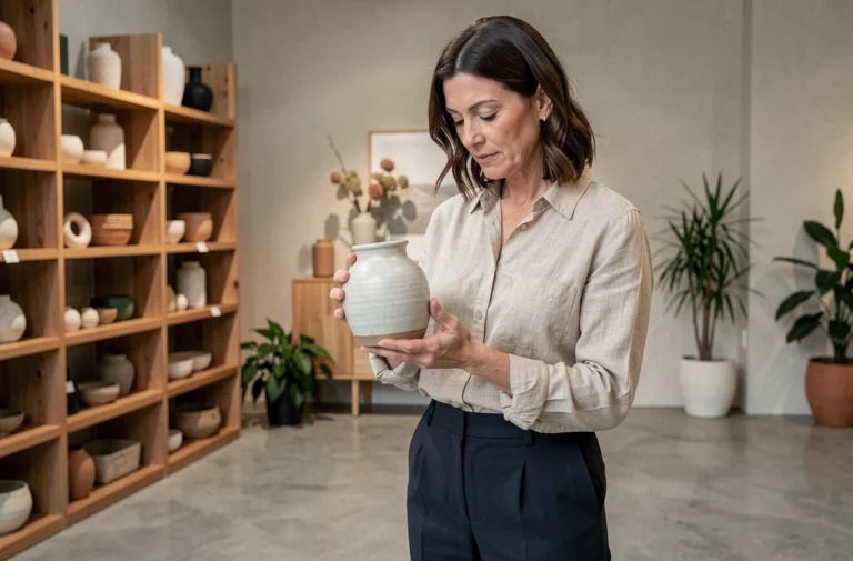 Femme choisissant un vase en céramique dans une boutique de décoration intérieure moderne aux étagères en bois