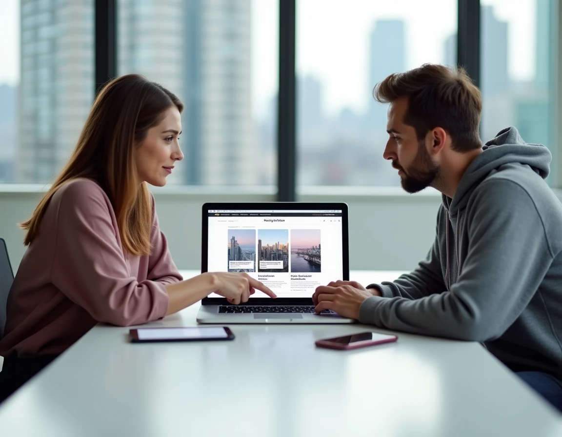 Deux professionnels du web collaborant sur l'optimisation d'un site web responsive dans une agence digitale moderne