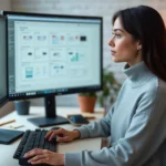 Développeuse web professionnelle travaillant sur la conception d'un site web professionnel avec un logiciel de design sur grand écran