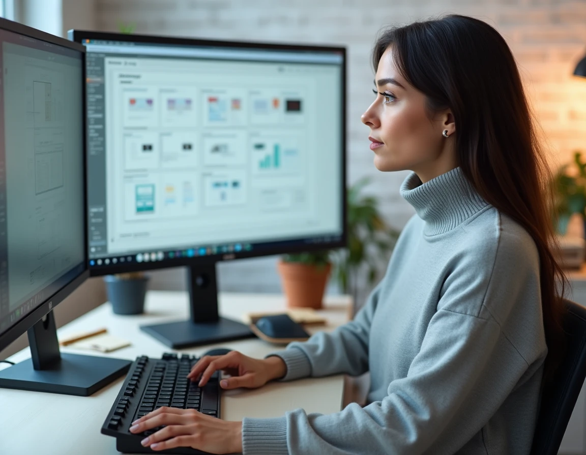 Développeuse web professionnelle travaillant sur la conception d'un site web professionnel avec un logiciel de design sur grand écran