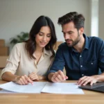 Couple examinant les documents du dispositif PSLA pour devenir propriétaire de leur logement