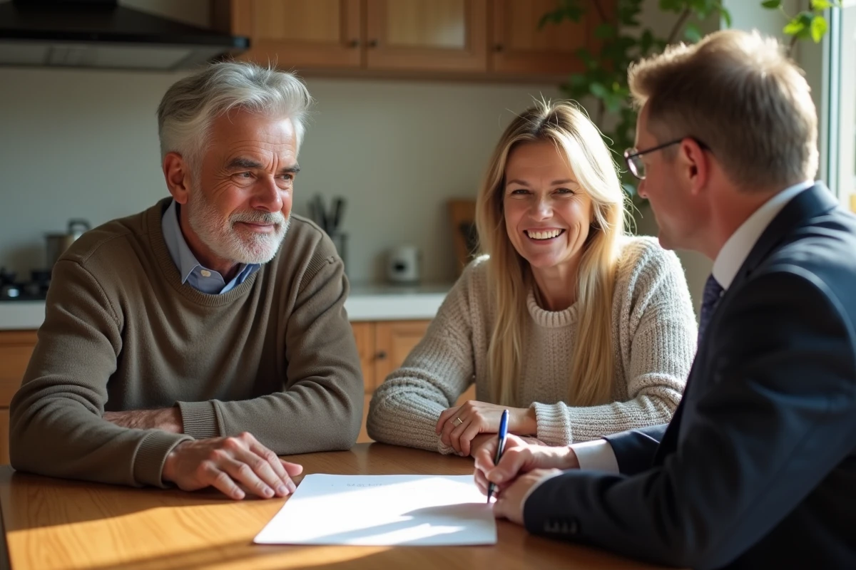 Couple discutant avec un notaire lors de la signature d