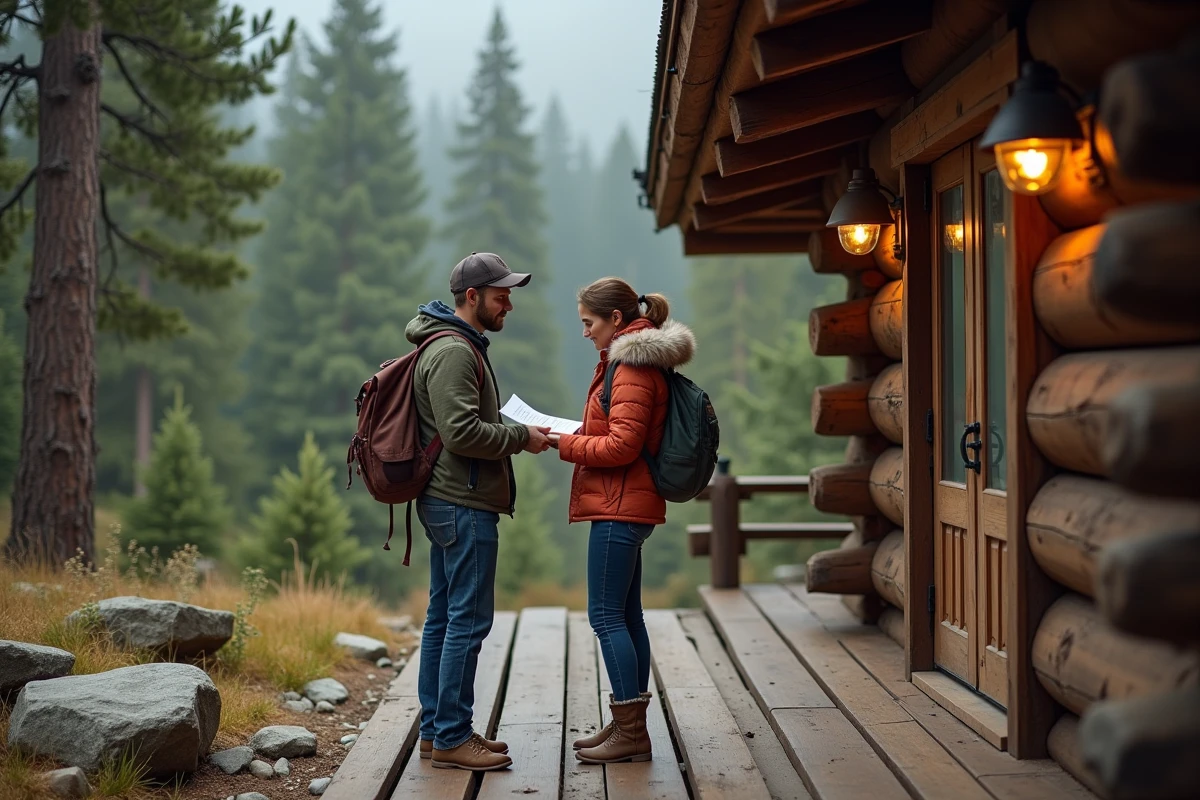 Couple explorant une cabane en forêt avec réservation
