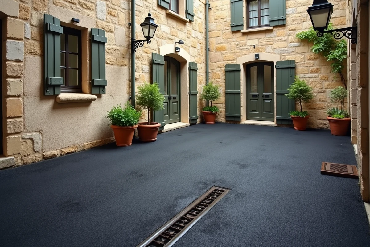 Cour résidentielle fraîchement bitumée devant une maison en pierre traditionnelle française avec caniveau de drainage