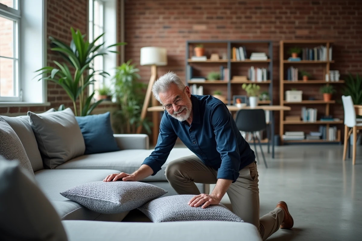 Decorateur intérieur arrangeant des coussins sur un canapé