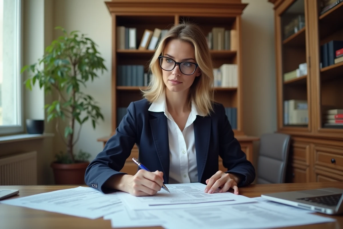 Femme consultant des documents de permis d'urbanisme dans un bureau municipal pour une demande d'autorisation de bitumage