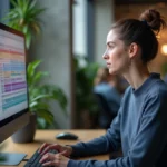 Développeuse web analysant la structure d'un sitemap XML sur un grand écran dans un bureau moderne