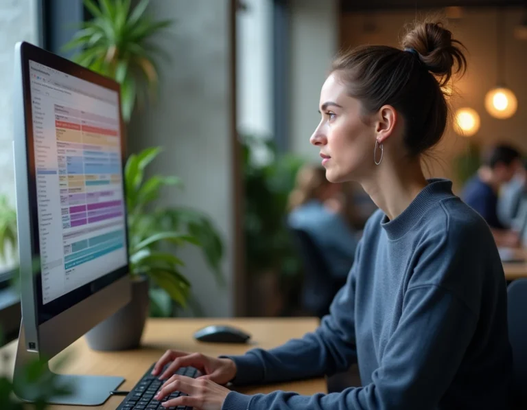 Développeuse web analysant la structure d'un sitemap XML sur un grand écran dans un bureau moderne