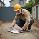 Entrepreneur examinant une cour non bitumée avant des travaux de revêtement, tenant un dossier administratif