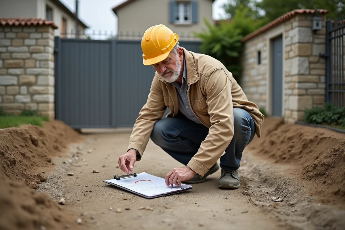 Entrepreneur examinant une cour non bitumée avant des travaux de revêtement, tenant un dossier administratif