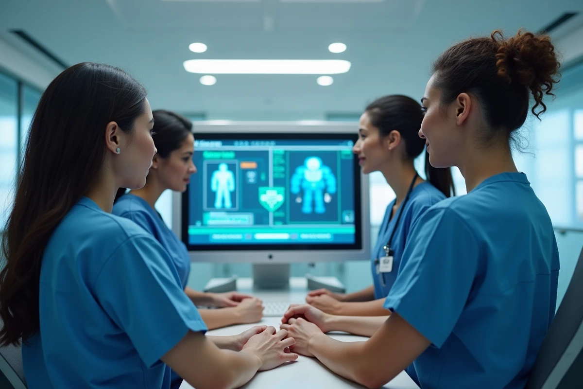 Equipe medicale collaborant autour d un poste de telemedecine