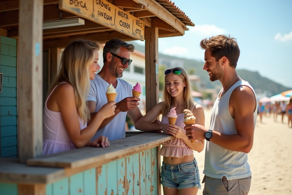 Famille savourant des glaces à une buvette de la plage du Trottel en été