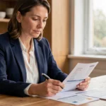 Femme analysant des documents de crédit à une table en bois dans une cuisine moderne