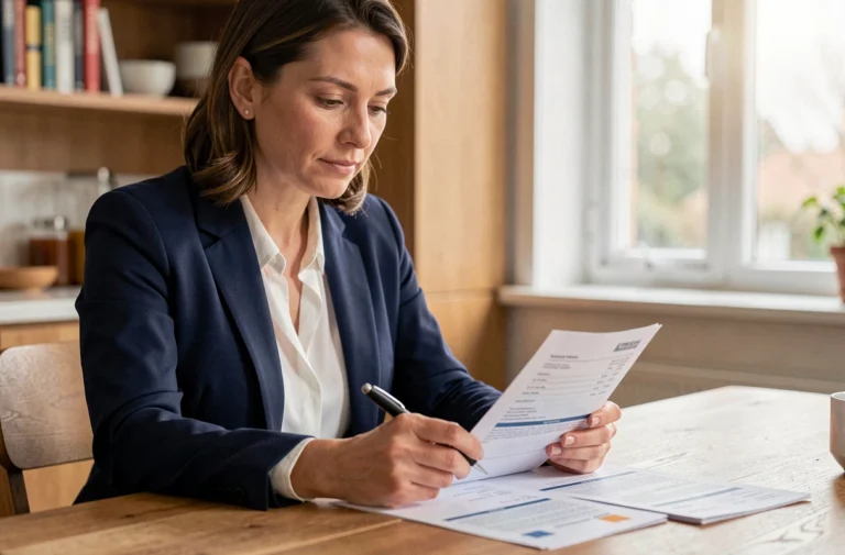 Femme analysant des documents de crédit à une table en bois dans une cuisine moderne