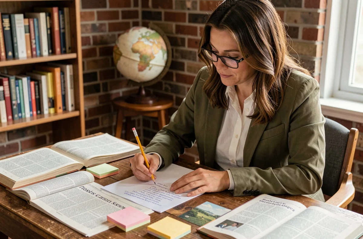 Femme analysant des articles de presse et prenant des notes à son bureau pour s'informer de manière critique