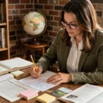 Femme analysant des articles de presse et prenant des notes à son bureau pour s'informer de manière critique