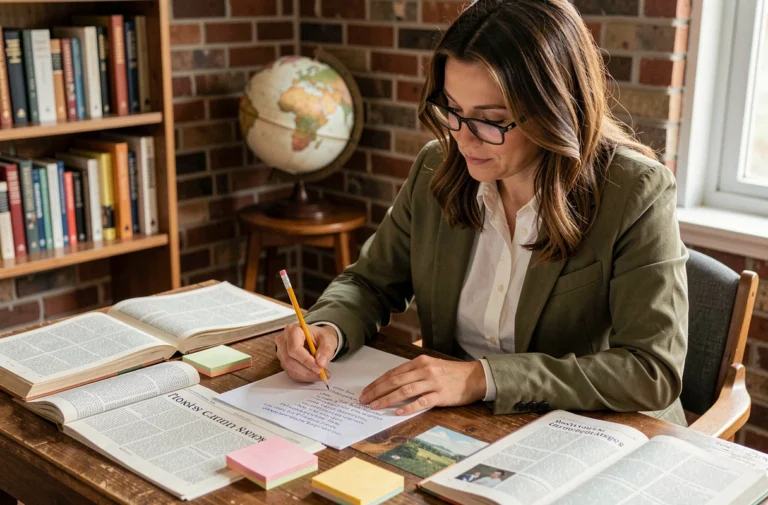 Femme analysant des articles de presse et prenant des notes à son bureau pour s'informer de manière critique