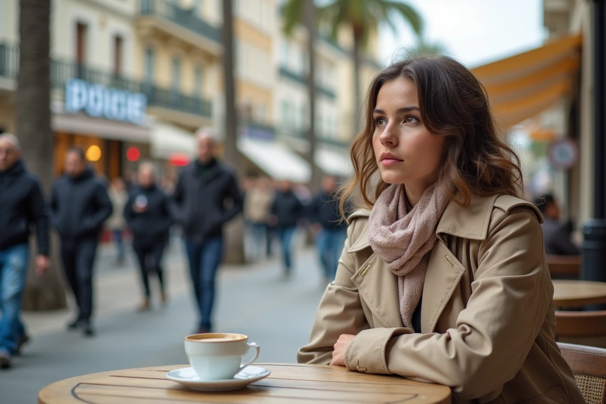 Jeune femme au café regardant la barricade policiere