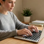 Femme tapant une barre verticale sur un clavier d'ordinateur portable dans un bureau à domicile
