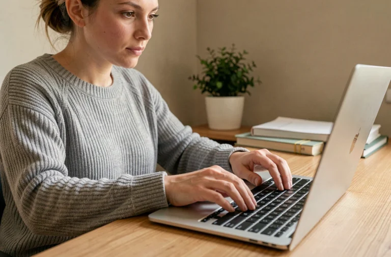 Femme tapant une barre verticale sur un clavier d'ordinateur portable dans un bureau à domicile