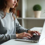 Jeune femme utilisant un raccourci clavier pour copier-coller un caractère espace invisible sur son ordinateur portable
