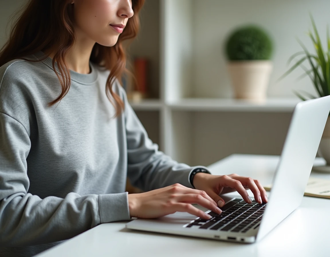 Jeune femme utilisant un raccourci clavier pour copier-coller un caractère espace invisible sur son ordinateur portable