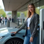 Femme élégante à côté d'une voiture électrique en ville