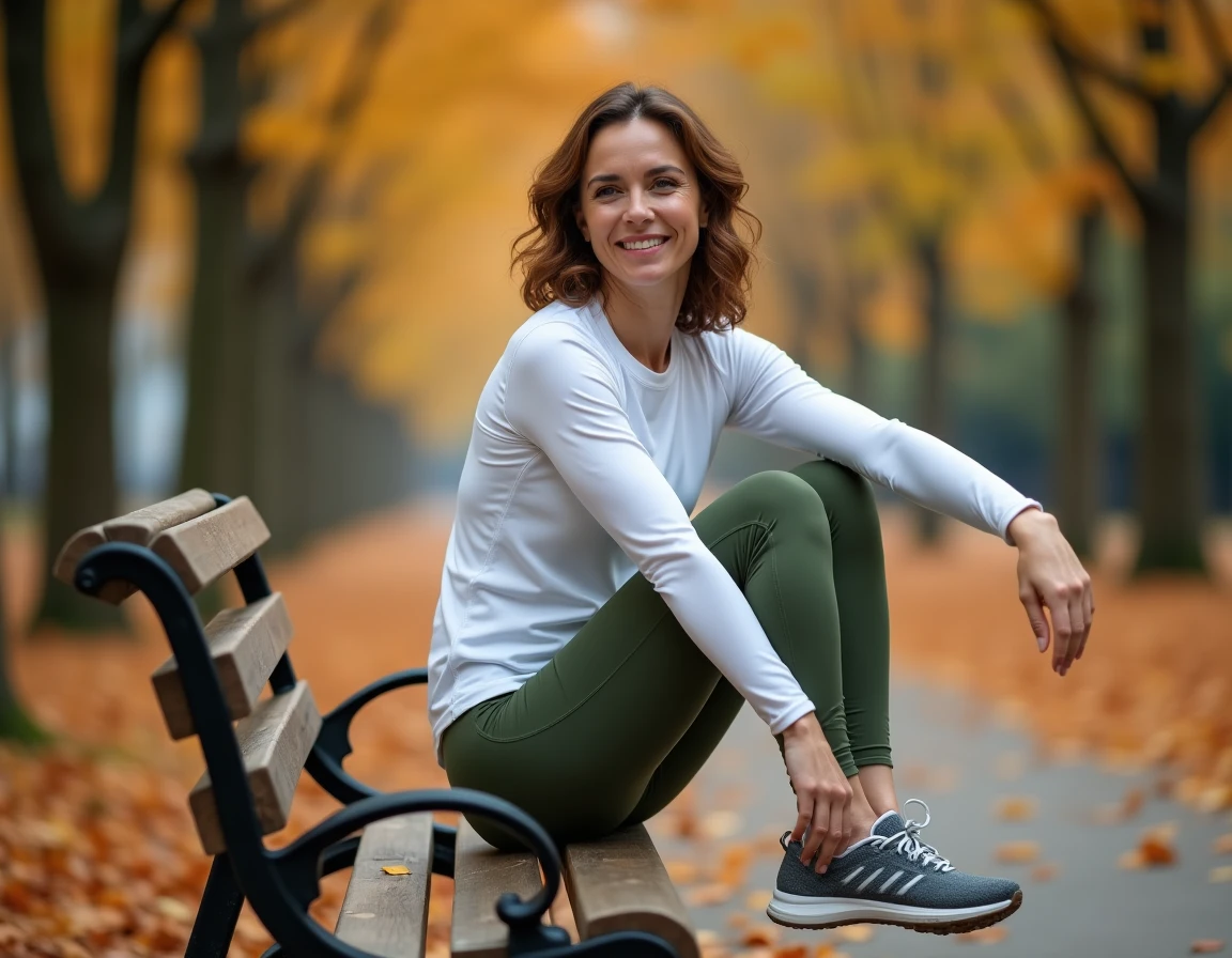 Femme s'étirant après une séance de course en plein air dans un parc urbain en automne