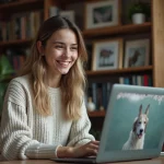 Jeune femme souriante utilisant un ordinateur pour voir des images d'animaux