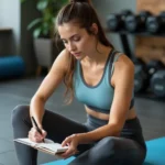 Femme sportive planifiant son programme d'entraînement dans un carnet dans une salle de sport à domicile moderne