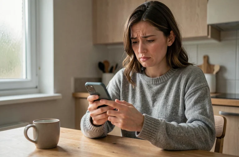 Femme consultant le service client Amazon sur son smartphone dans une cuisine moderne